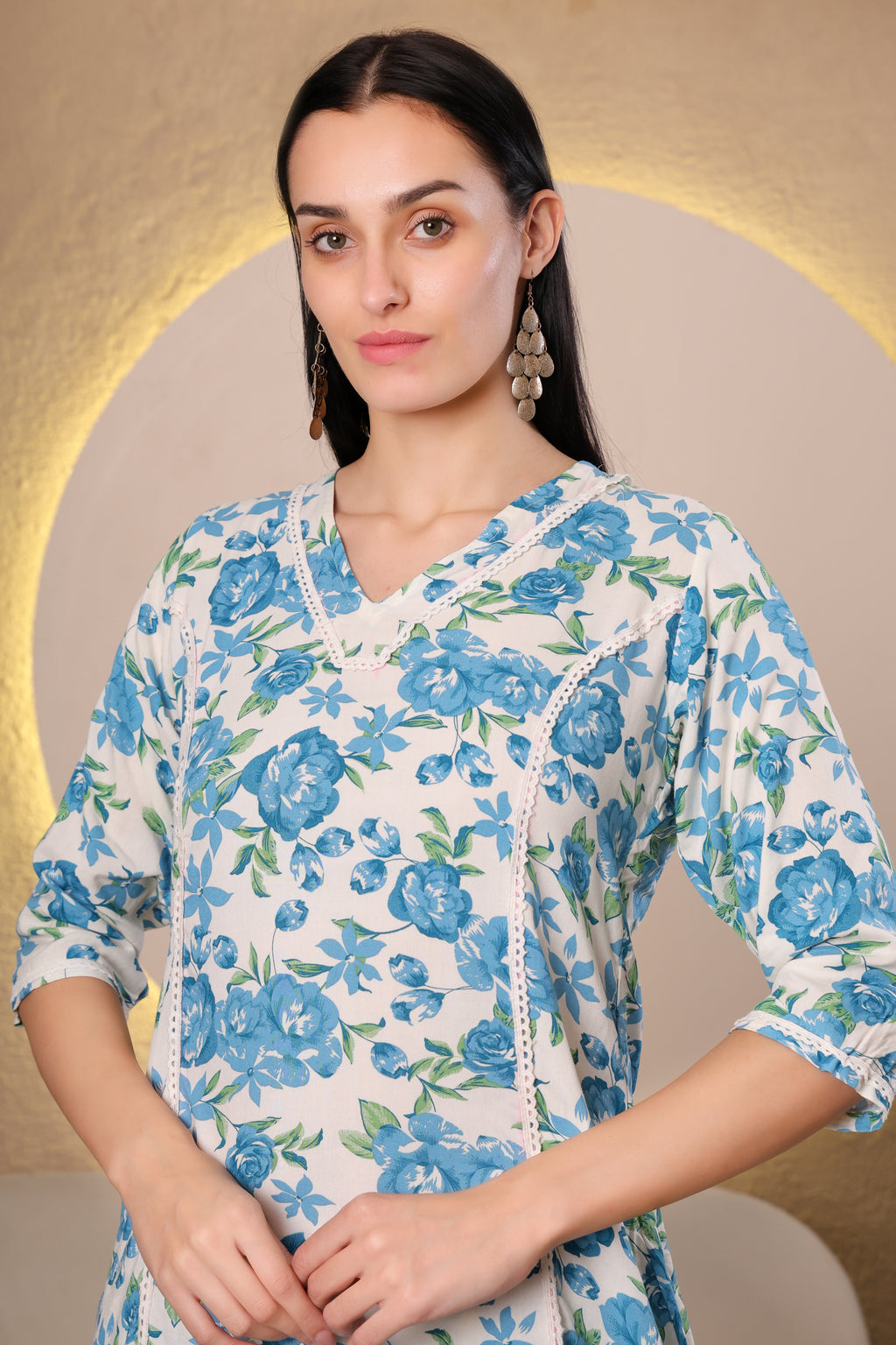 White & Blue Floral Printed Rayon Co-ord Set for Women – Top & Pant Casual Wear