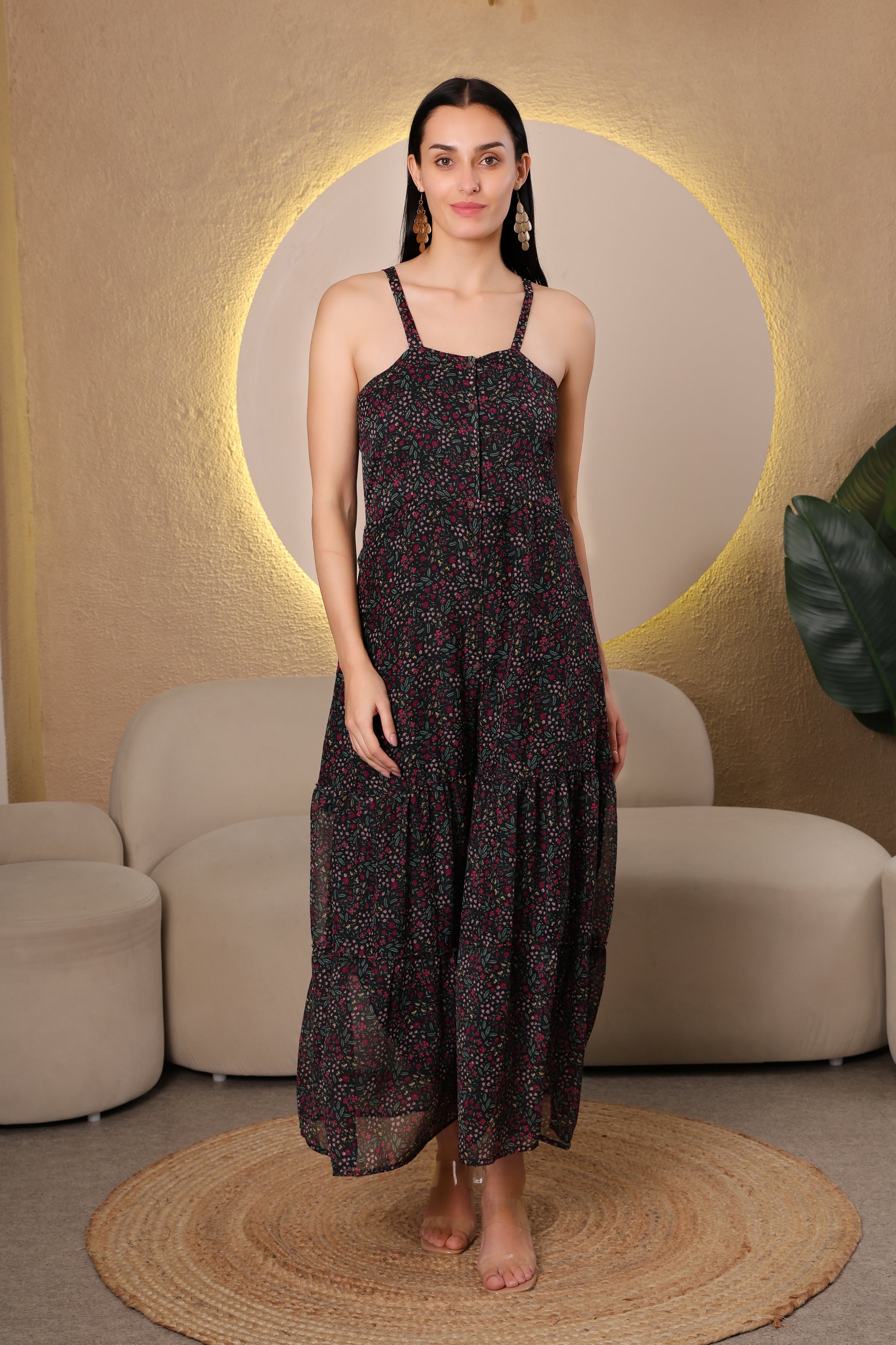 Black Floral Printed Chiffon Jumpsuit for Women – Sleeveless Wide-Leg Casual Outfit