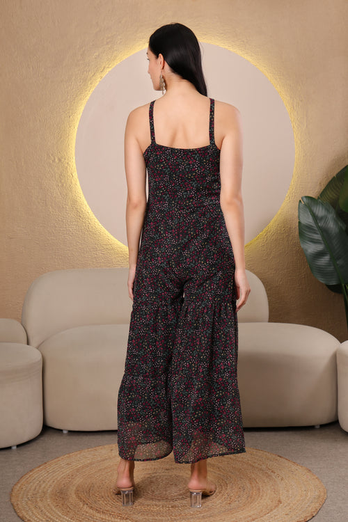 Black Floral Printed Chiffon Jumpsuit for Women – Sleeveless Wide-Leg Casual Outfit