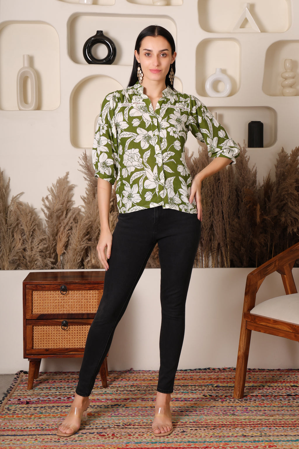 Olive Green & White Floral Printed Rayon Shirt Top for Women – Casual & Office Wear
