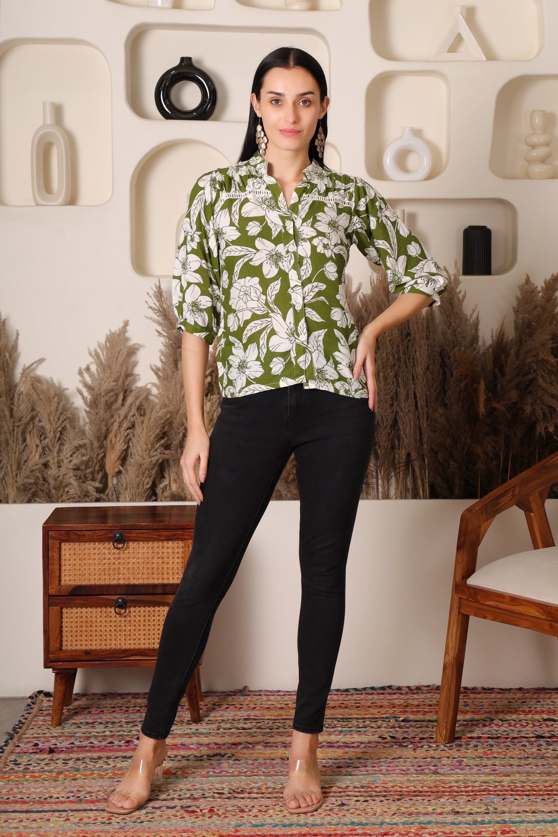 Olive Green & White Floral Printed Rayon Shirt Top for Women – Casual & Office Wear