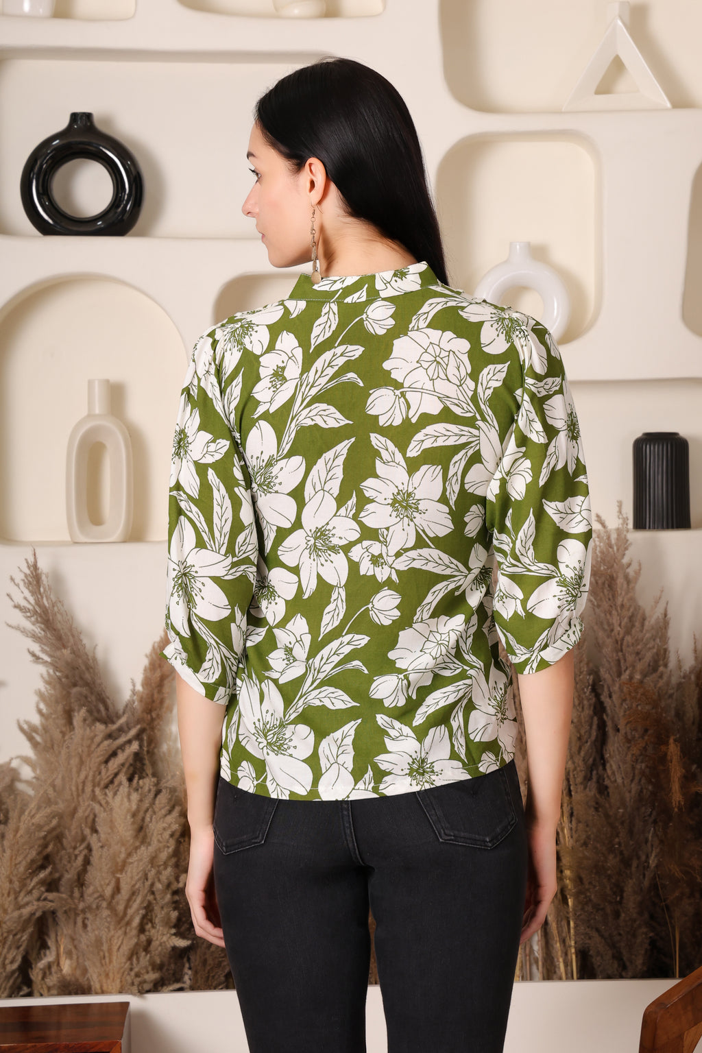 Olive Green & White Floral Printed Rayon Shirt Top for Women – Casual & Office Wear
