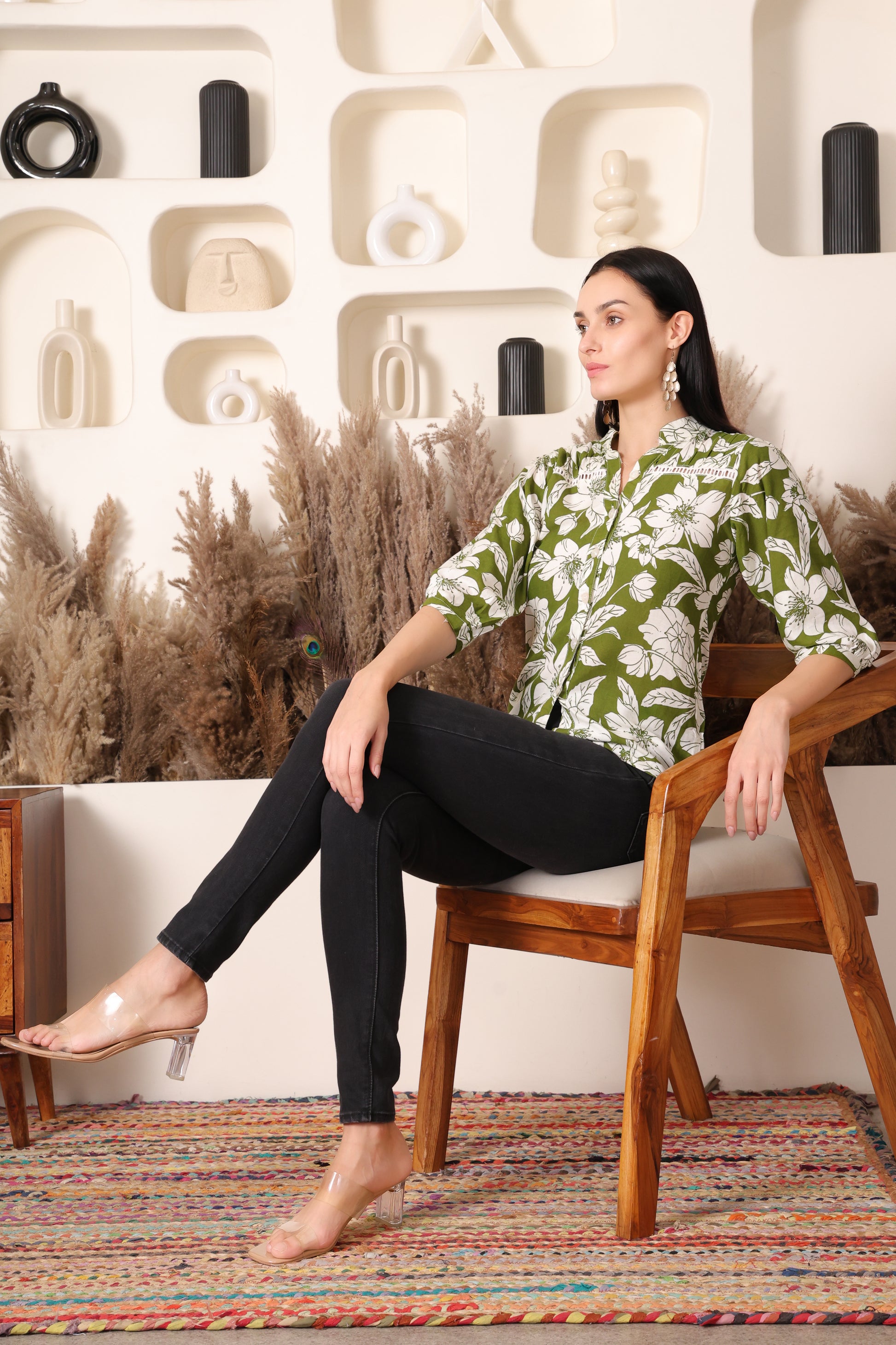 Olive Green & White Floral Printed Rayon Shirt Top for Women – Casual & Office Wear