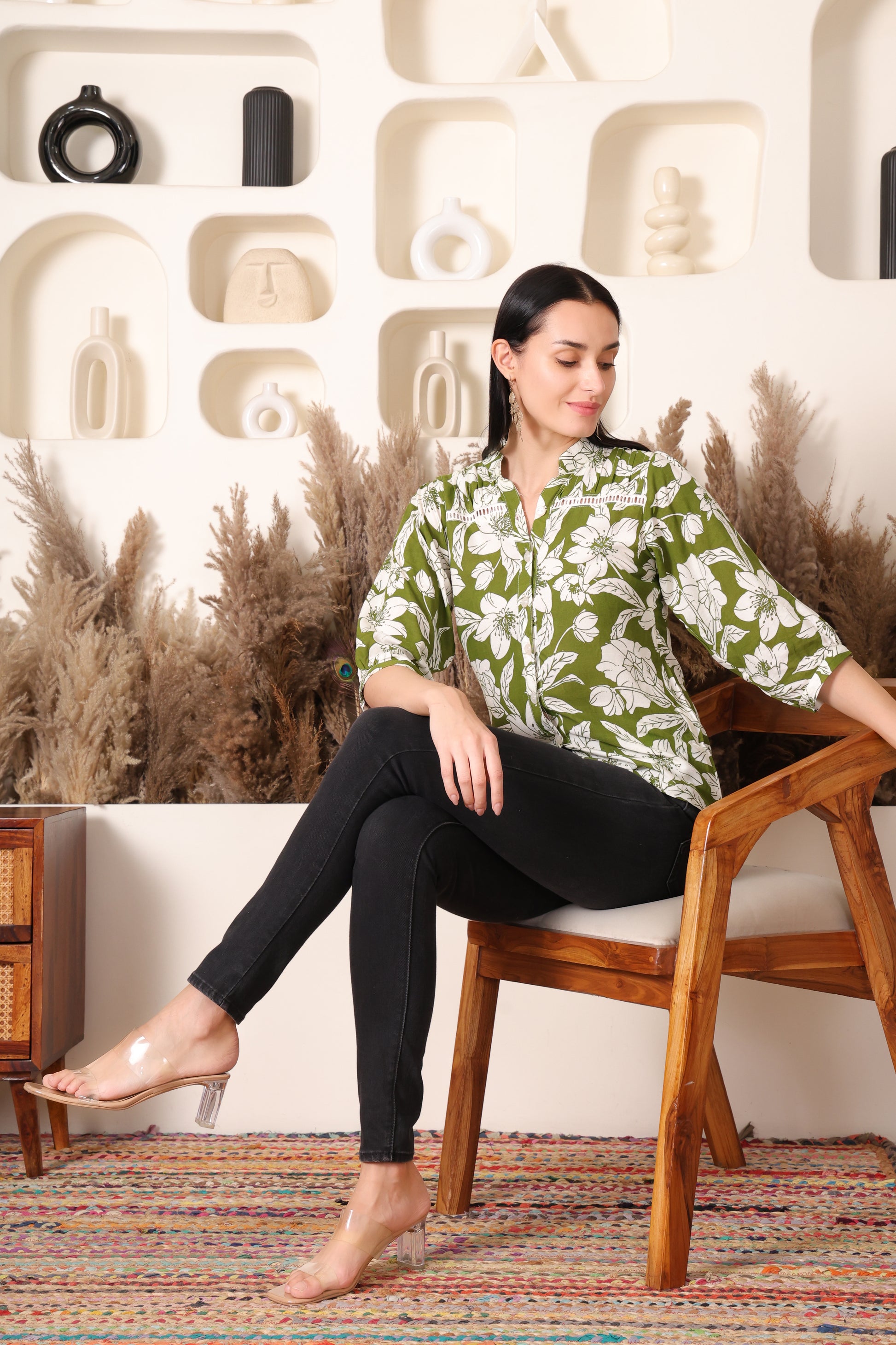 Olive Green & White Floral Printed Rayon Shirt Top for Women – Casual & Office Wear
