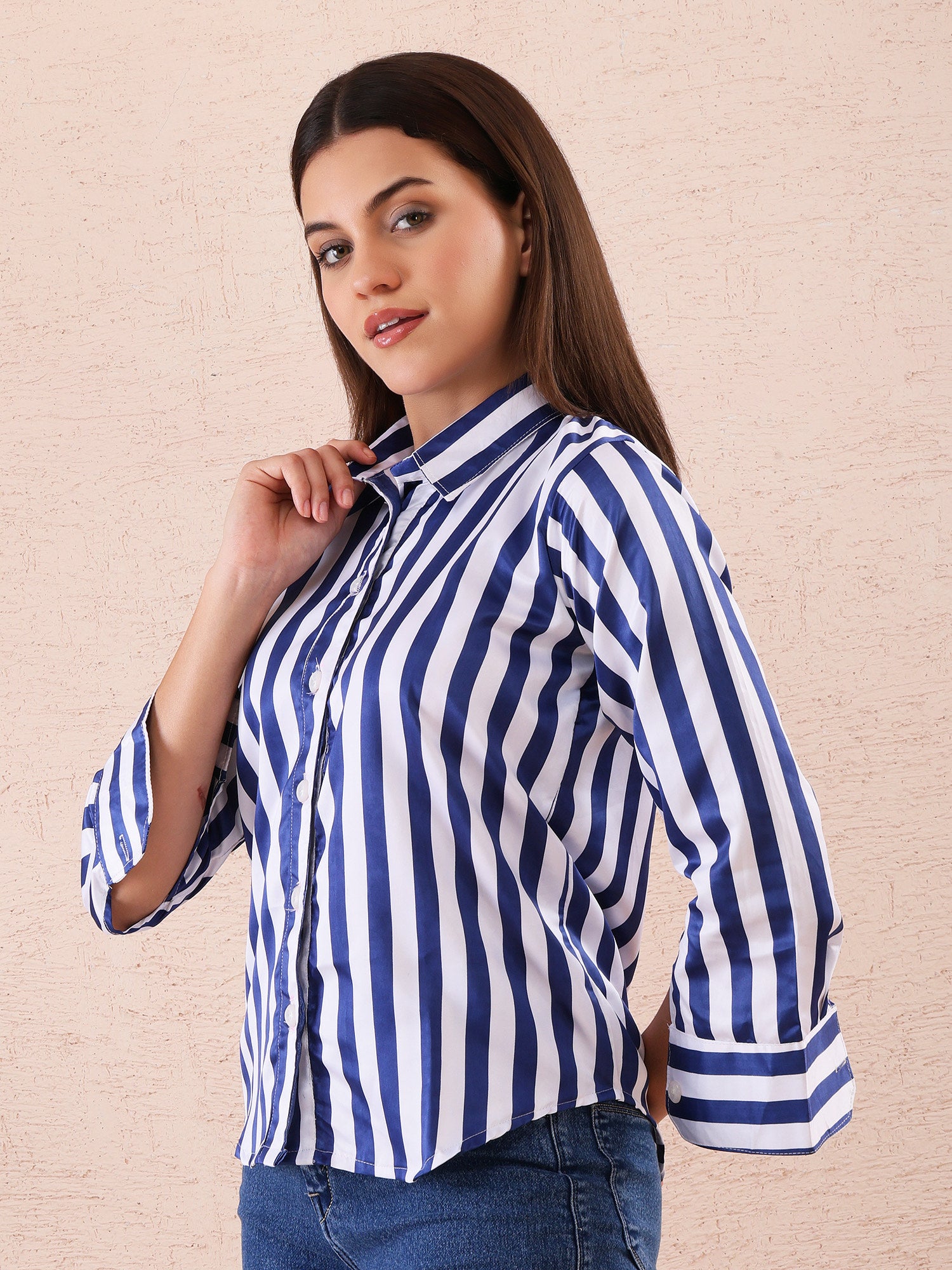 Blue & White Vertical Striped Satin Shirt for Women – Casual & Office Wear Button Down Top