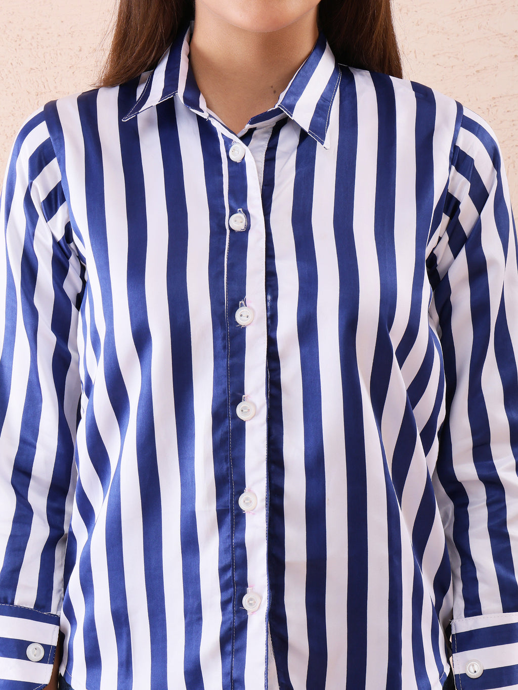 Blue & White Vertical Striped Satin Shirt for Women – Casual & Office Wear Button Down Top