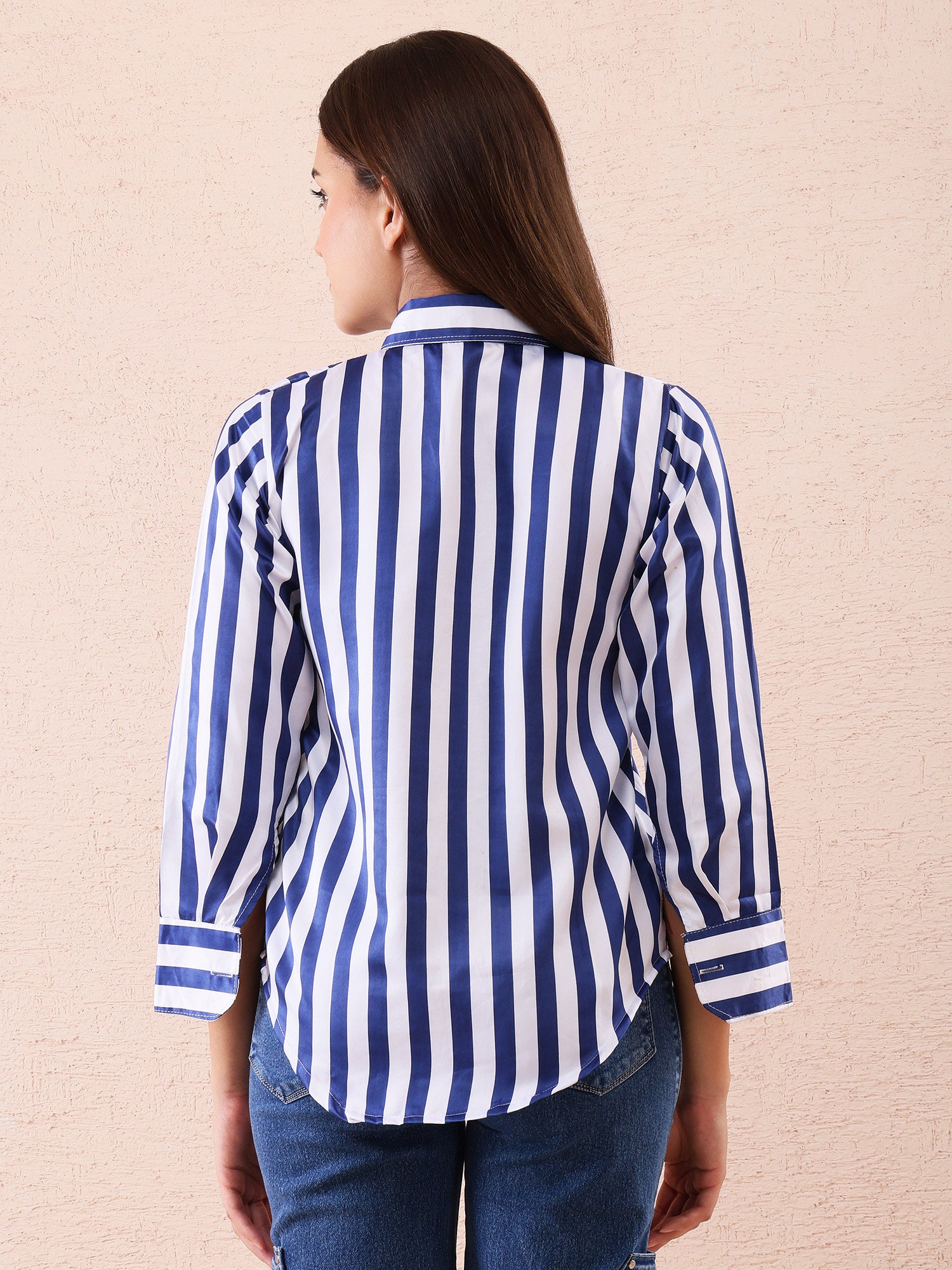 Blue & White Vertical Striped Satin Shirt for Women – Casual & Office Wear Button Down Top