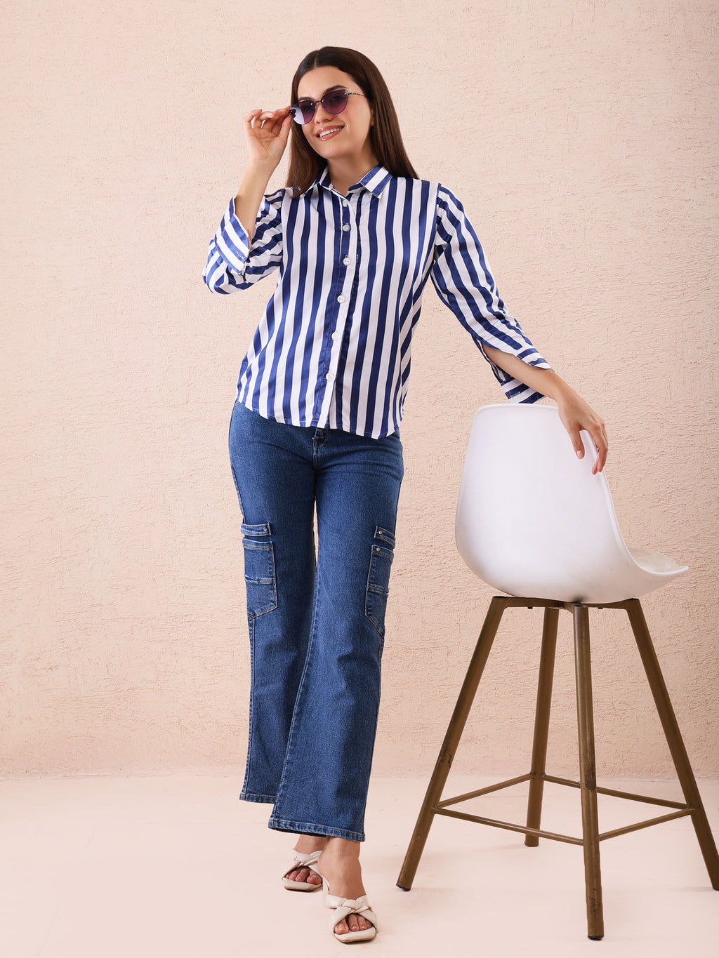 Blue & White Vertical Striped Satin Shirt for Women – Casual & Office Wear Button Down Top