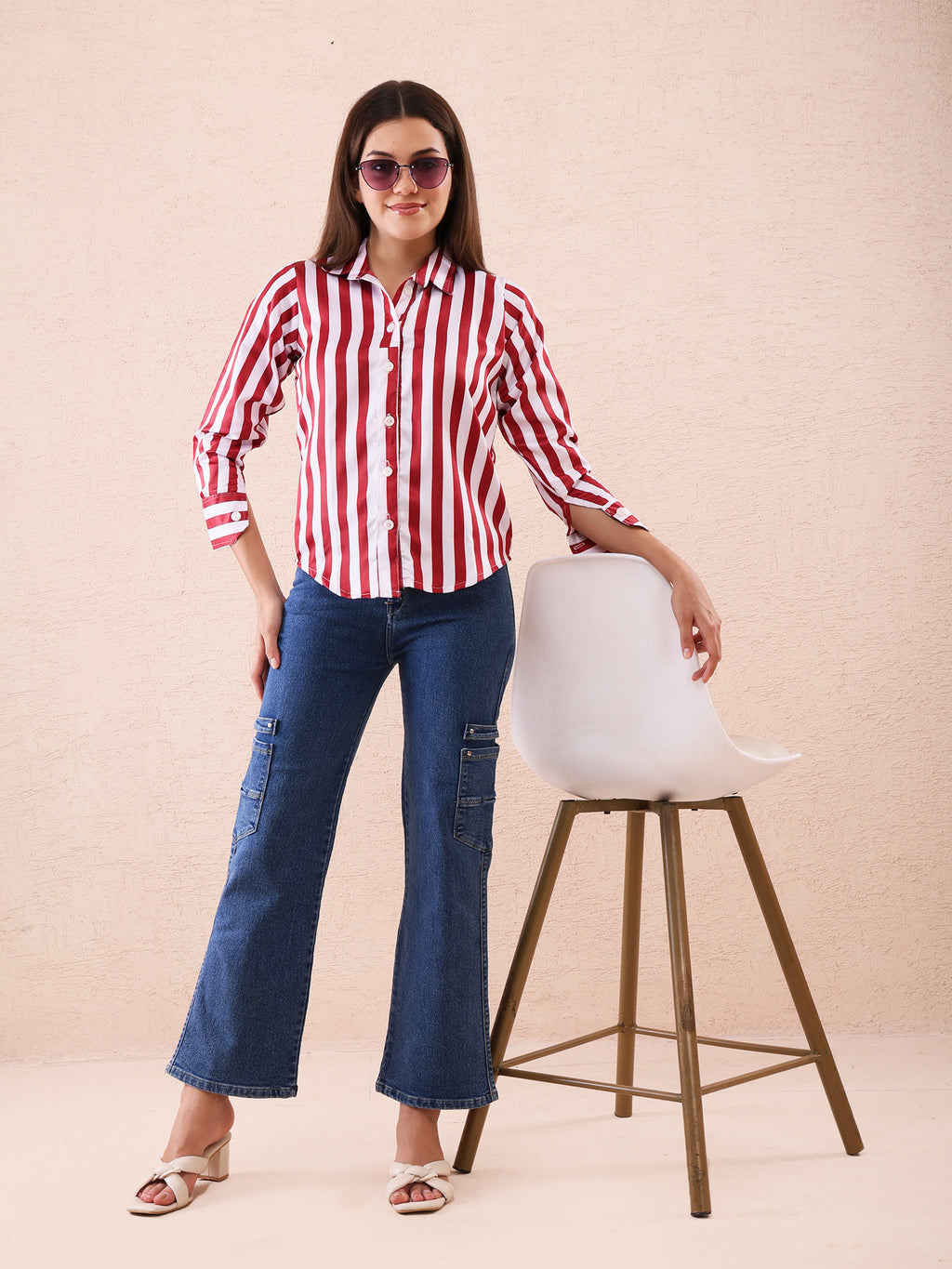 Red & White Vertical Striped Satin Shirt for Women – Casual & Office Wear Button Down Top