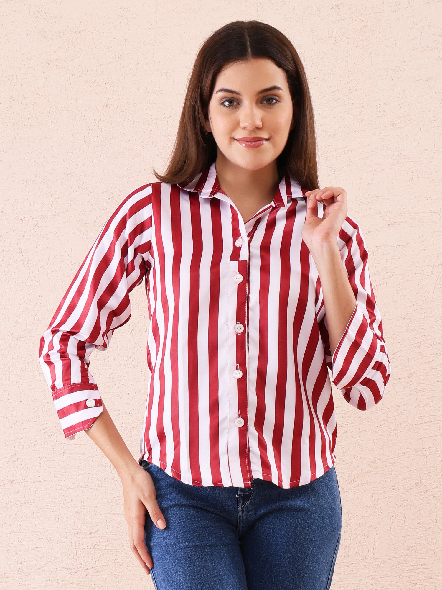Red & White Vertical Striped Satin Shirt for Women – Casual & Office Wear Button Down Top