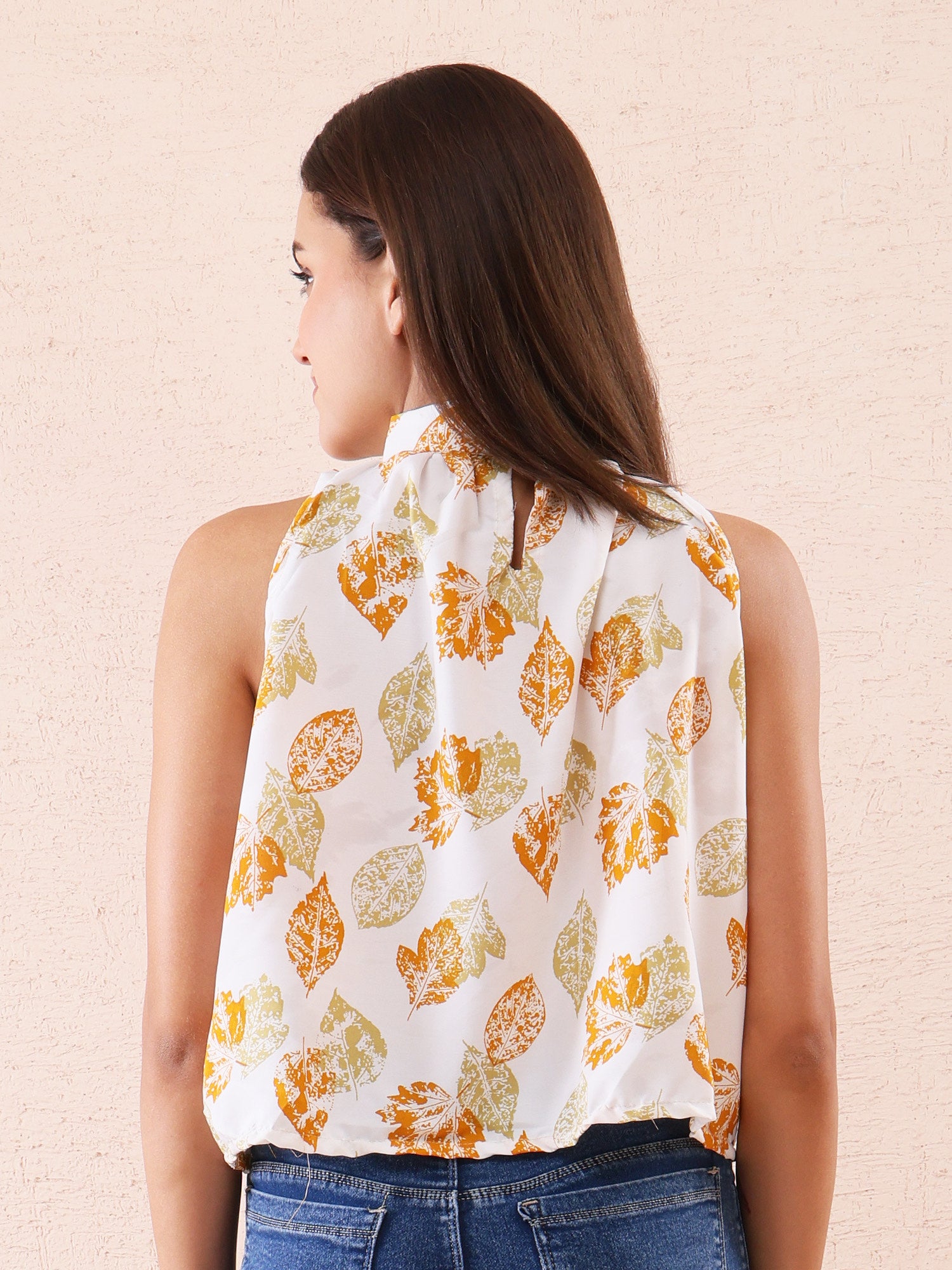 White & Mustard Leaf Print High Neck Sleeveless Crop Top for Women – American Crepe