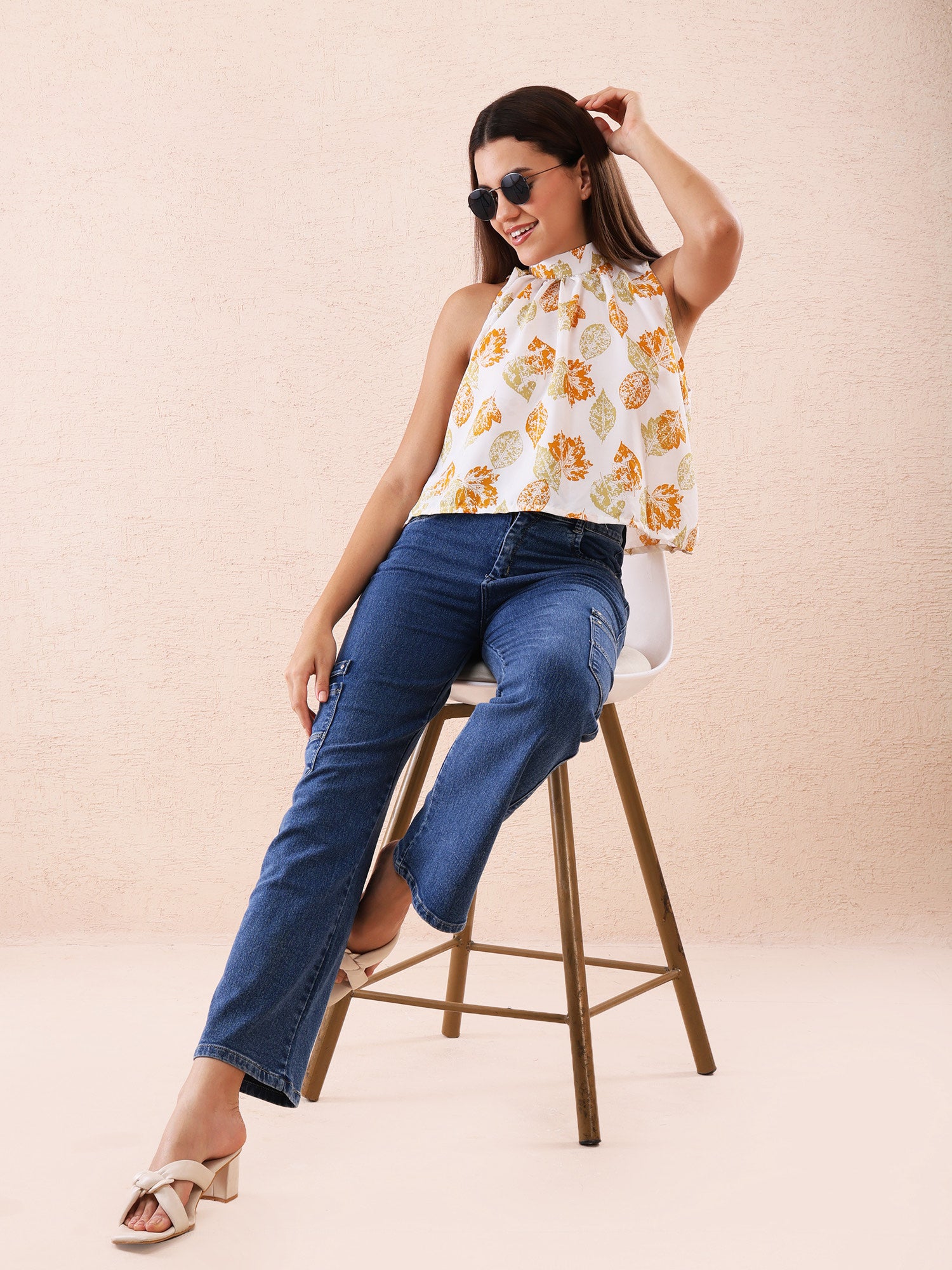 White & Mustard Leaf Print High Neck Sleeveless Crop Top for Women – American Crepe