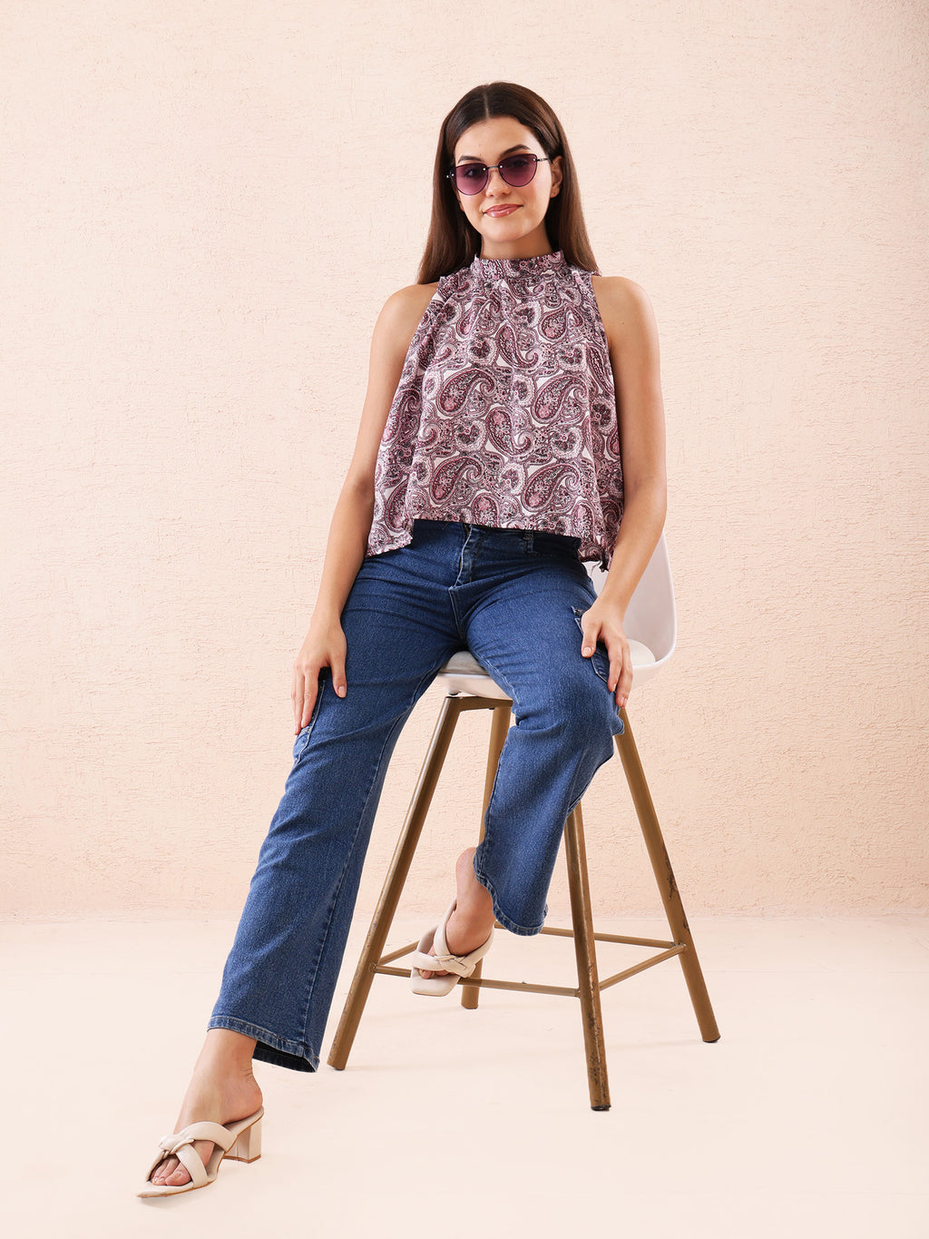 Maroon Paisley Print High Neck Sleeveless Crop Top for Women – American Crepe