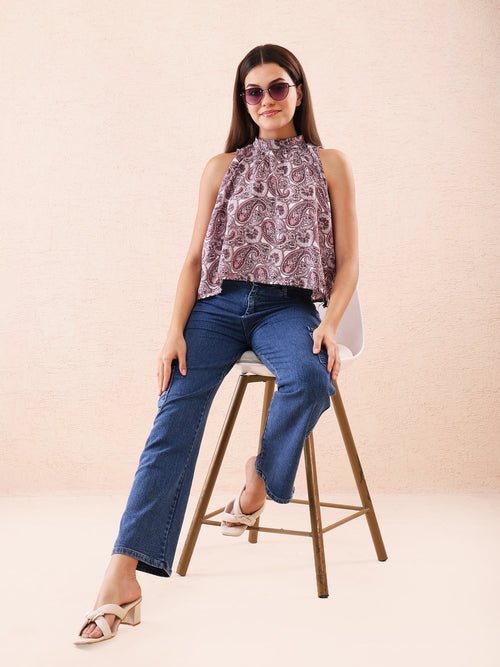 Maroon Paisley Print High Neck Sleeveless Crop Top for Women – American Crepe