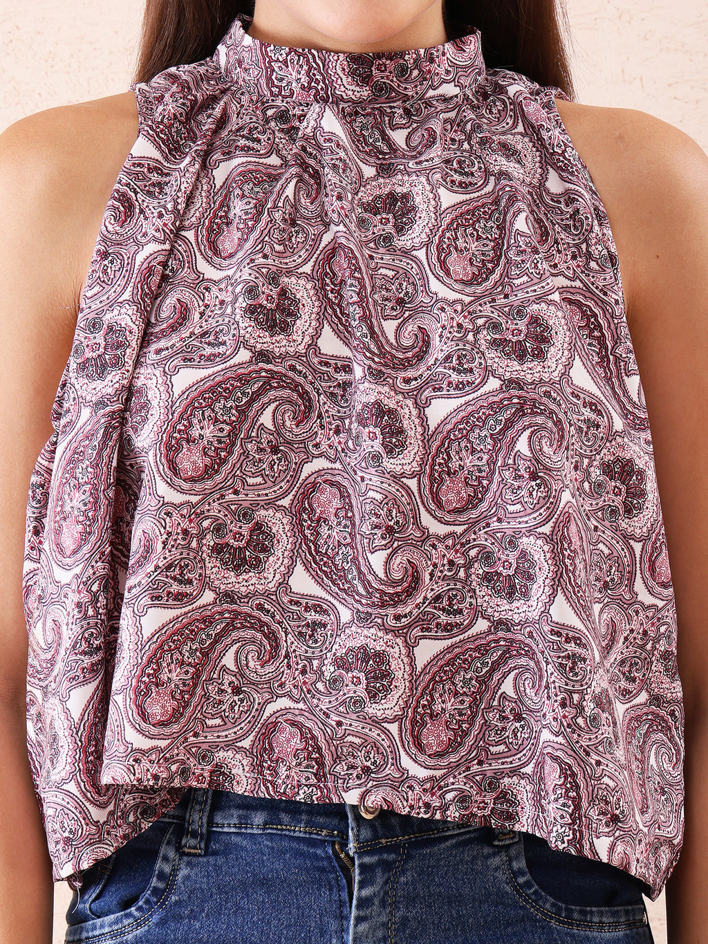 Maroon Paisley Print High Neck Sleeveless Crop Top for Women – American Crepe